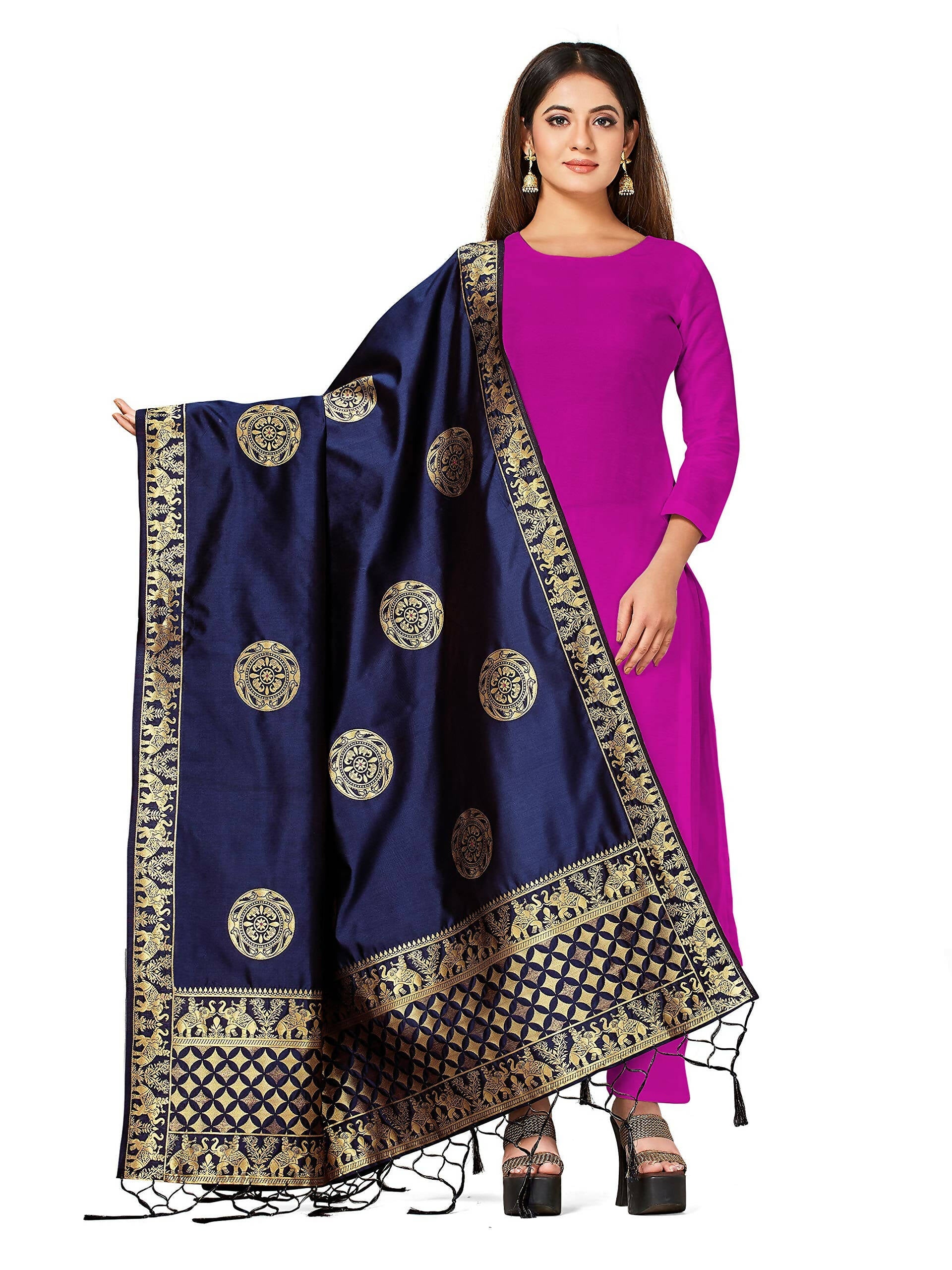 Mimosa Women's Banarasi Art Silk Navy Dupatta
