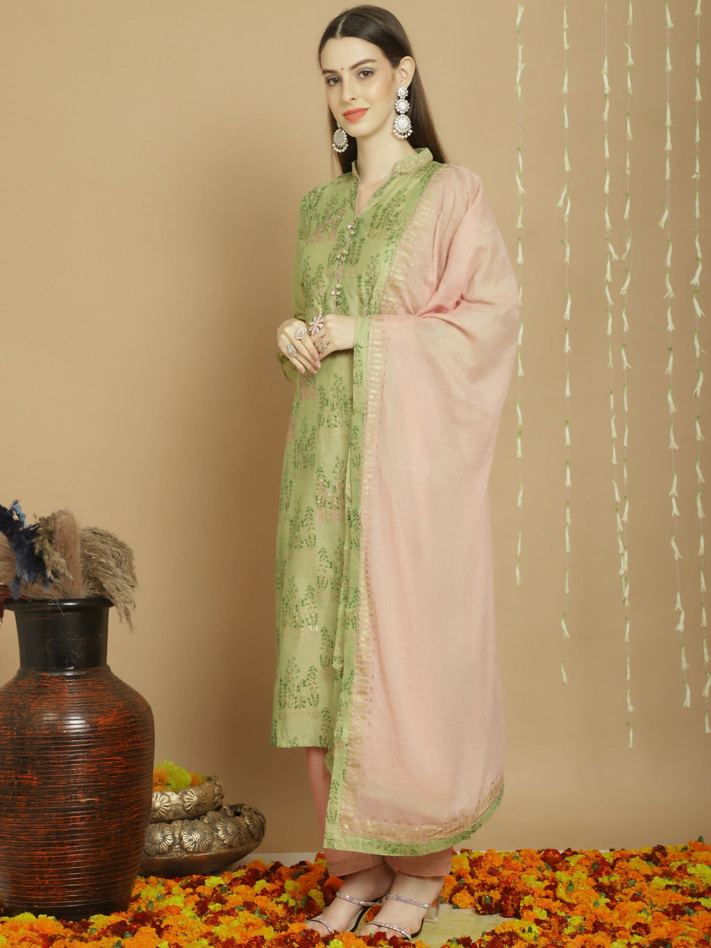 Jyoti Fashion Women's Green Chanderi Silk Elegant Jardoshi Semi Kurta with Trouser & Dupatta