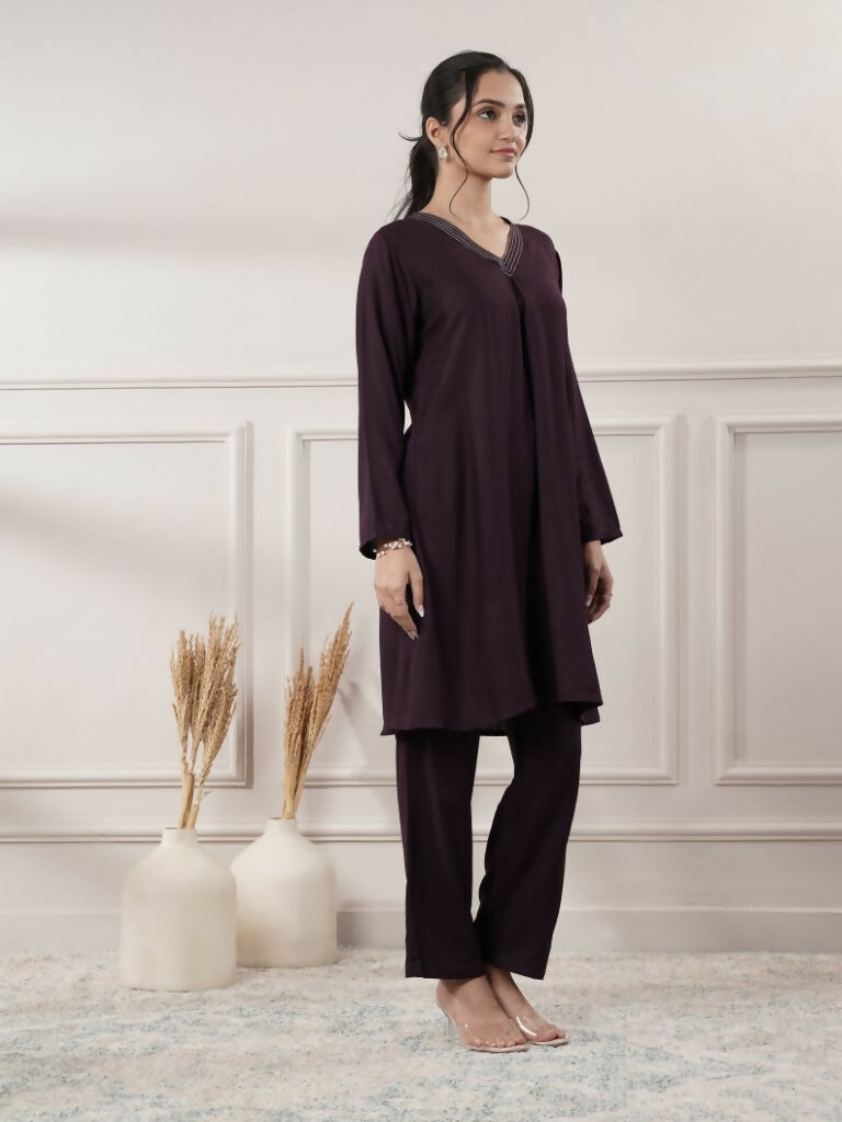 Joban Fashion Women's Rayon Wine V-Neck Co-Ord Set With Pant