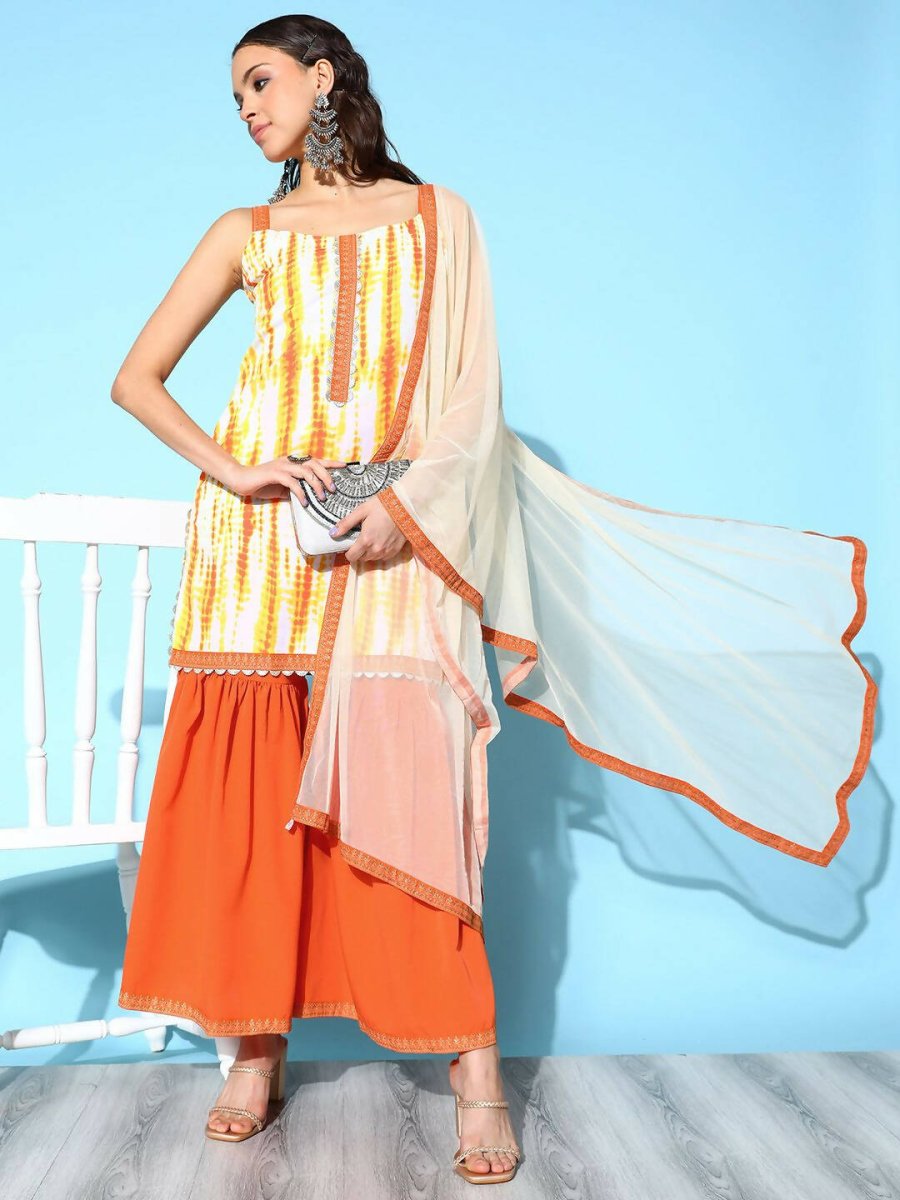 Ahalyaa Women's Orange Crepe Printed Kurta Sharara Set With Dupatta