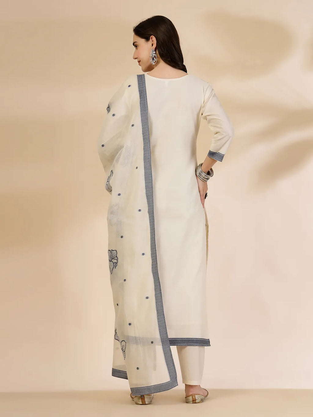 Yufta Off White Handloom Cotton Jacquard Kurta Set With Pant & Dupatta