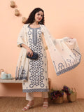 Yufta Off-White Handloom Cotton Kurta Dupatta Pant Set With Cotton Mal Lining