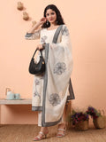 Yufta Off-White Handloom Cotton Weaved Kurta Dupatta Pant Set With Cotton Mal Lining