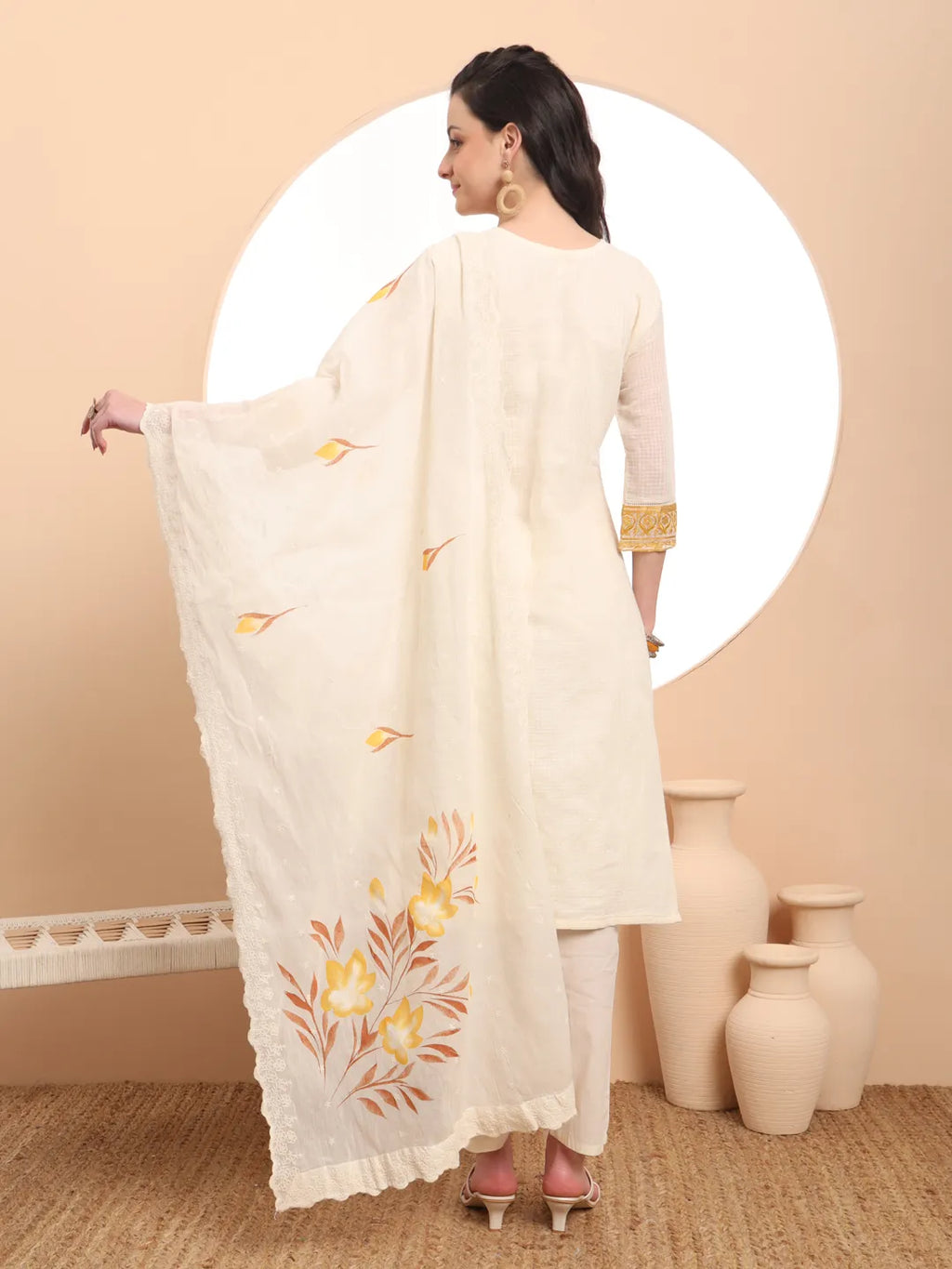 Yufta Off-White Pure Handloom Cotton Weaved Thread Work Kurta Dupatta Pant Set