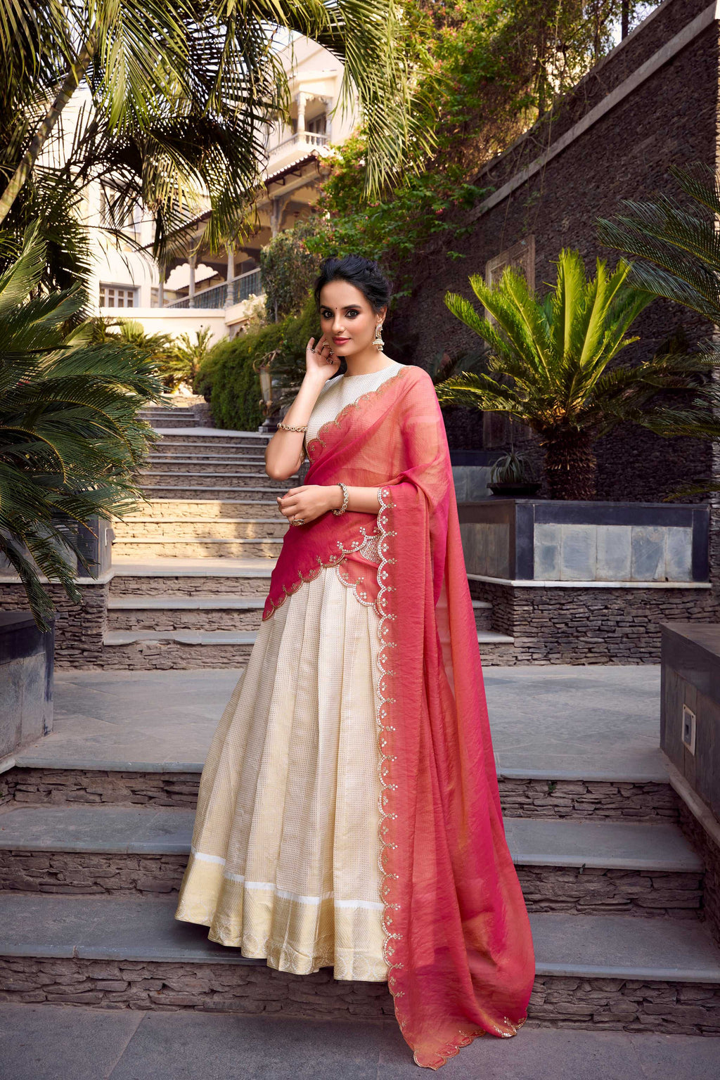 Evanik Off White South Style Jecquard Chex Zari Weaving Work Unstitched Lehenga Choli