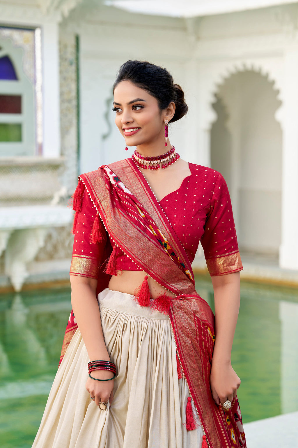 Evanik Off White Traditional Style Tussar Silk Patola Print With Foil Work Unstitched Lehenga Choli