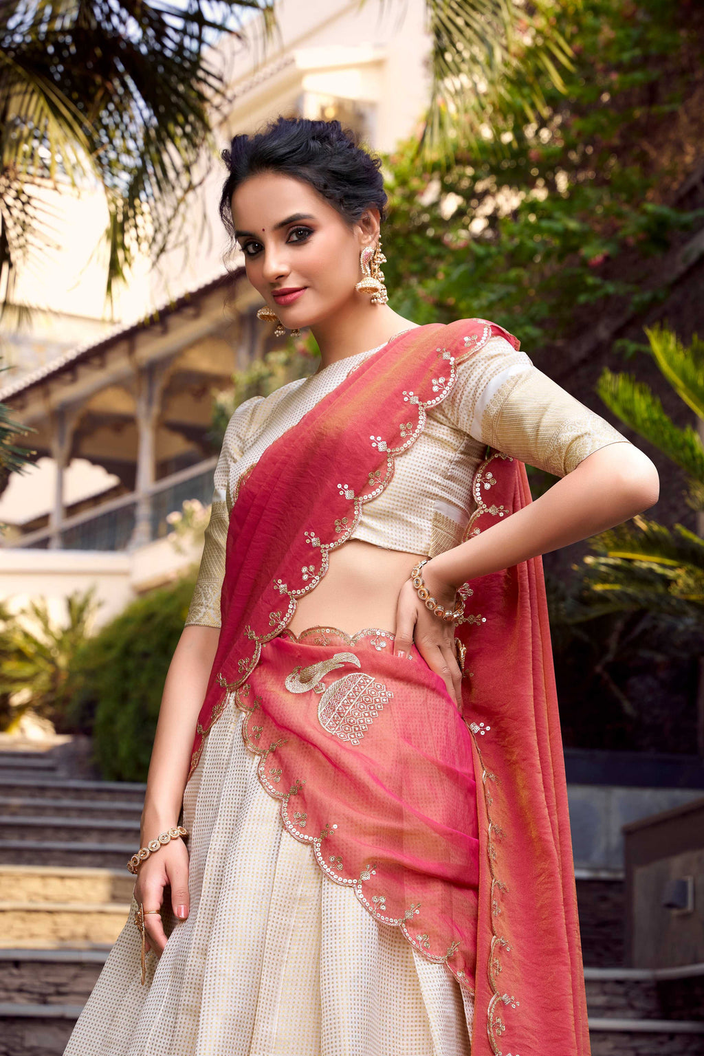 Evanik Off White South Style Jecquard Chex Zari Weaving Work Unstitched Lehenga Choli