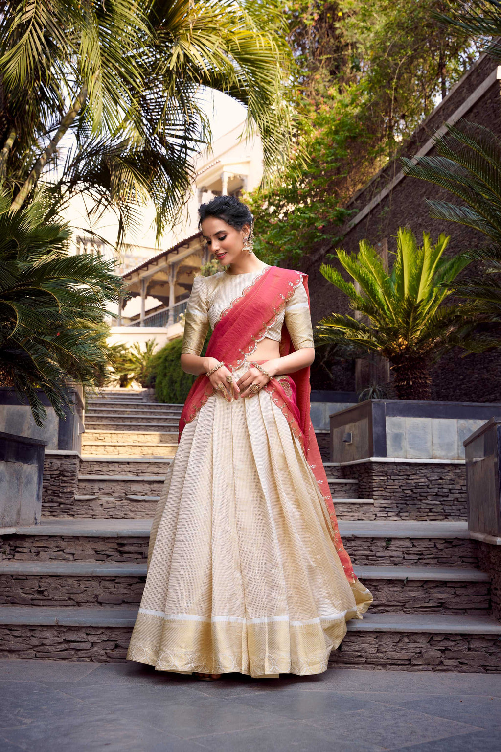 Evanik Off White South Style Jecquard Chex Zari Weaving Work Unstitched Lehenga Choli
