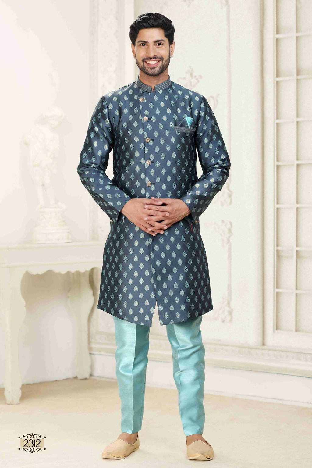 Raivat Ethnic Banarasi Jacquard Embroidery Semi Indo Western Sherwani In Grey Blue Colour
