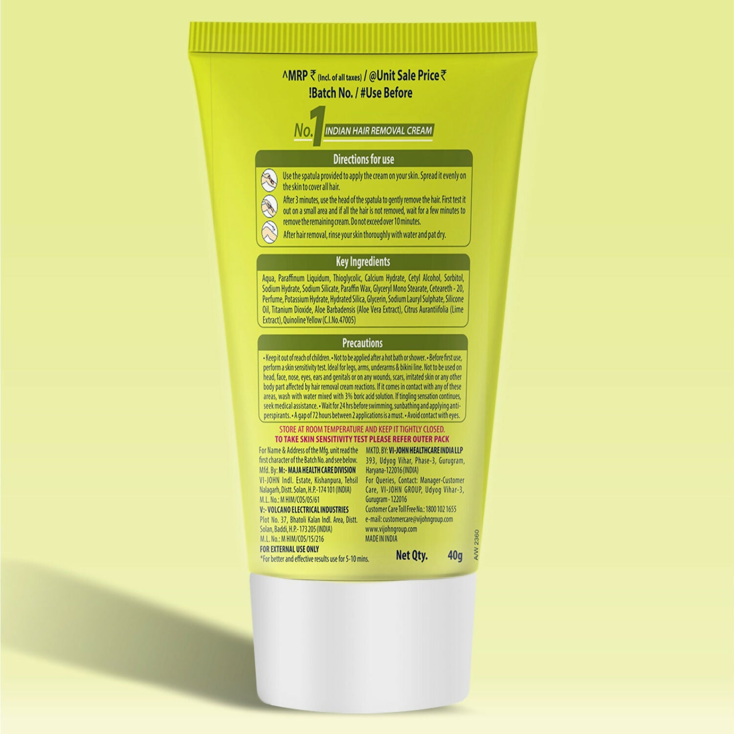 VI-JOHN Feather Touch Lime & Aloevera Hair Removal Cream for Women for Dry Skin, Suitable for Legs, Underarms, Bikini Line, Arms