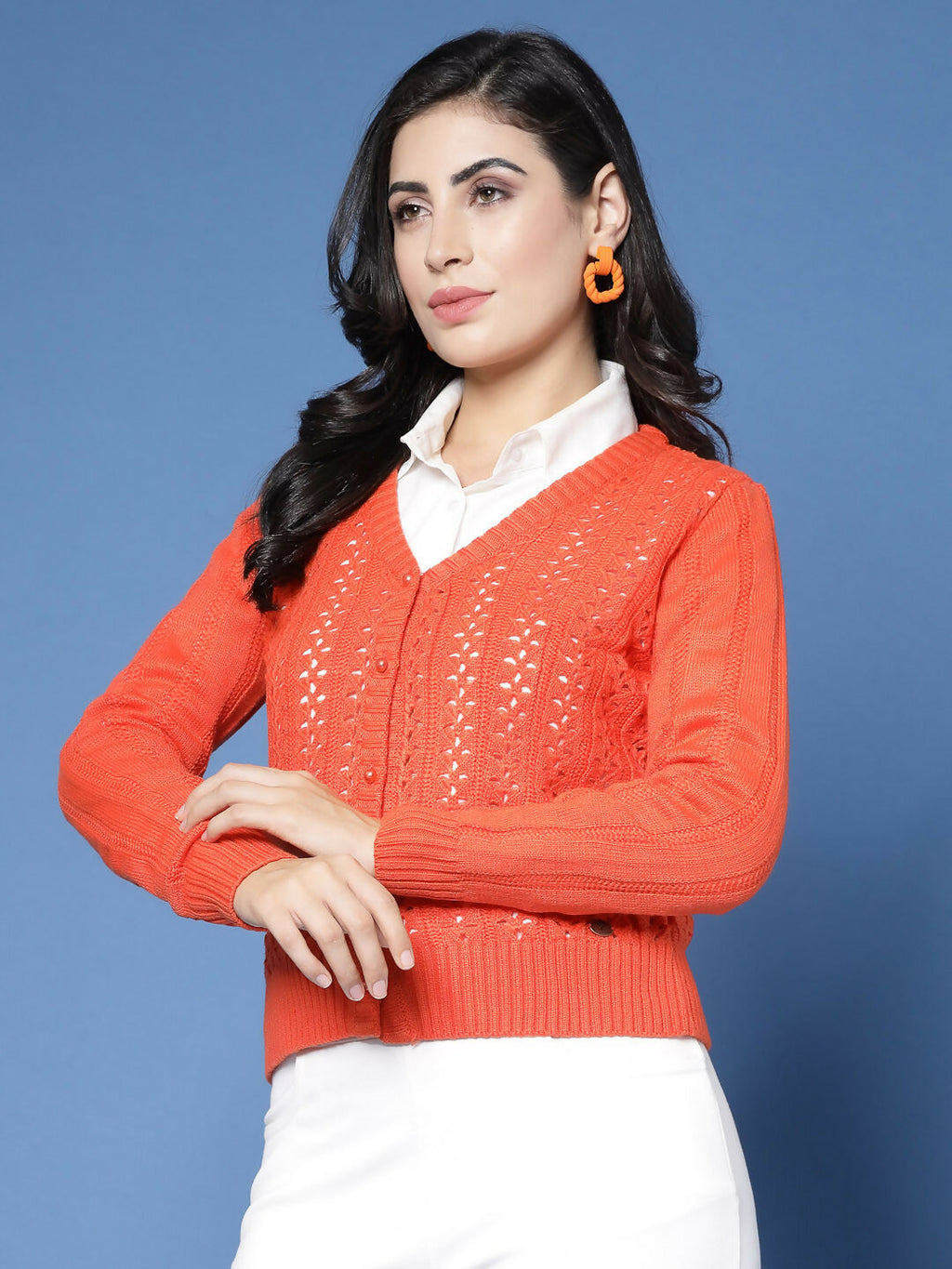 Women Pointelle Rust Acrylic Winter Cardigan - Wool Trees