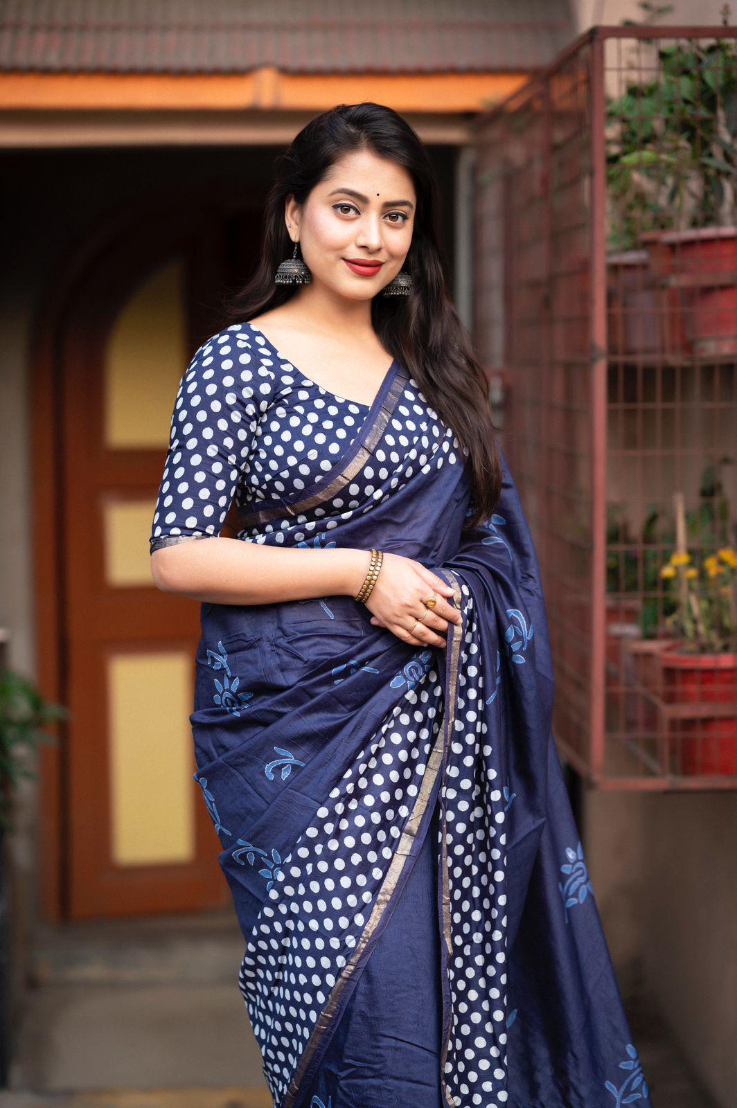 Blue Pure Chanderi Hand Block Saree with Unstitched Blouse - Hiral Fashion