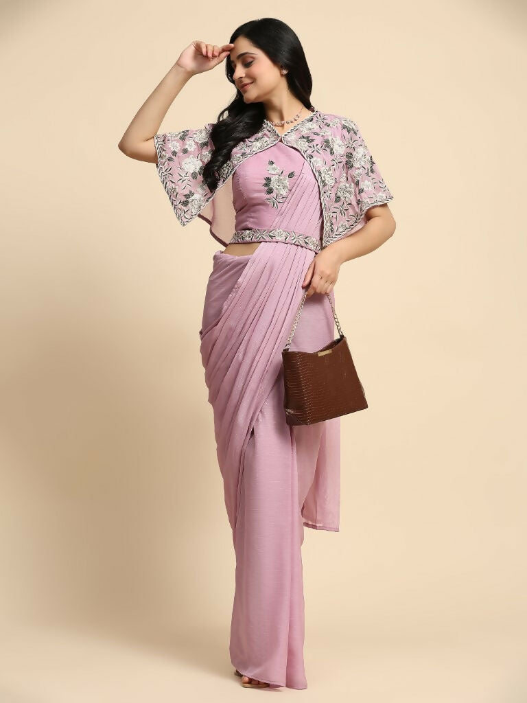 Pink Chiffon Solid Ready to wear Saree with stitched Blouse - Aayan
