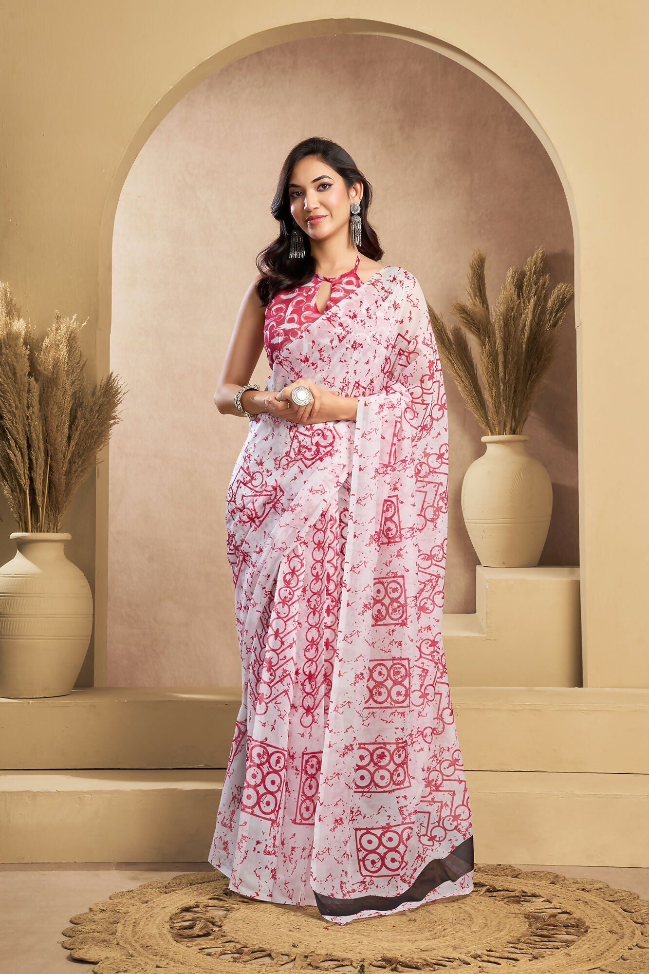 Vastranavya White Red Digital Printed Linen Ready To Wear Designer Saree with Unstitched Blouse