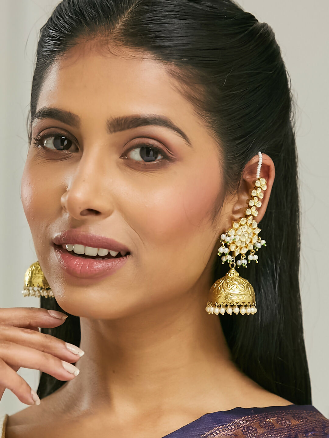 Nuyug 22K Gold-Plated Floral Jhumki Kundan Studded Kanauti Earrings