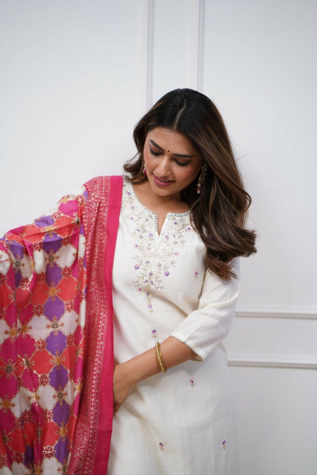 The52 Off White Beautiful Embroidered Viscose Chanderi Fabric Straight Kurta Pant with Dupatta Set