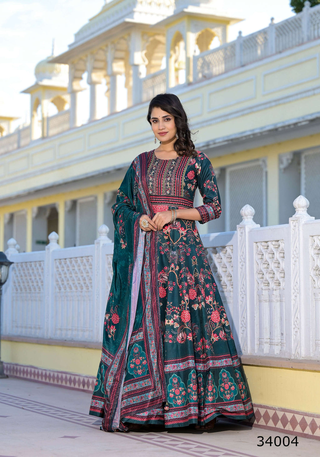 Partywear Designer Green Dola Silk Anarkali suit with Dupatta - Suzen