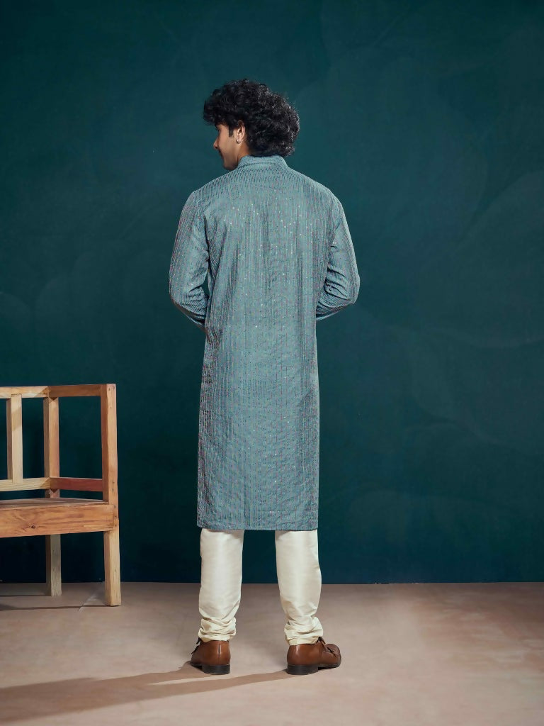 Blue Viscose Designer Sequance Embroidery Work Men's Kurta Set - Mahotsav