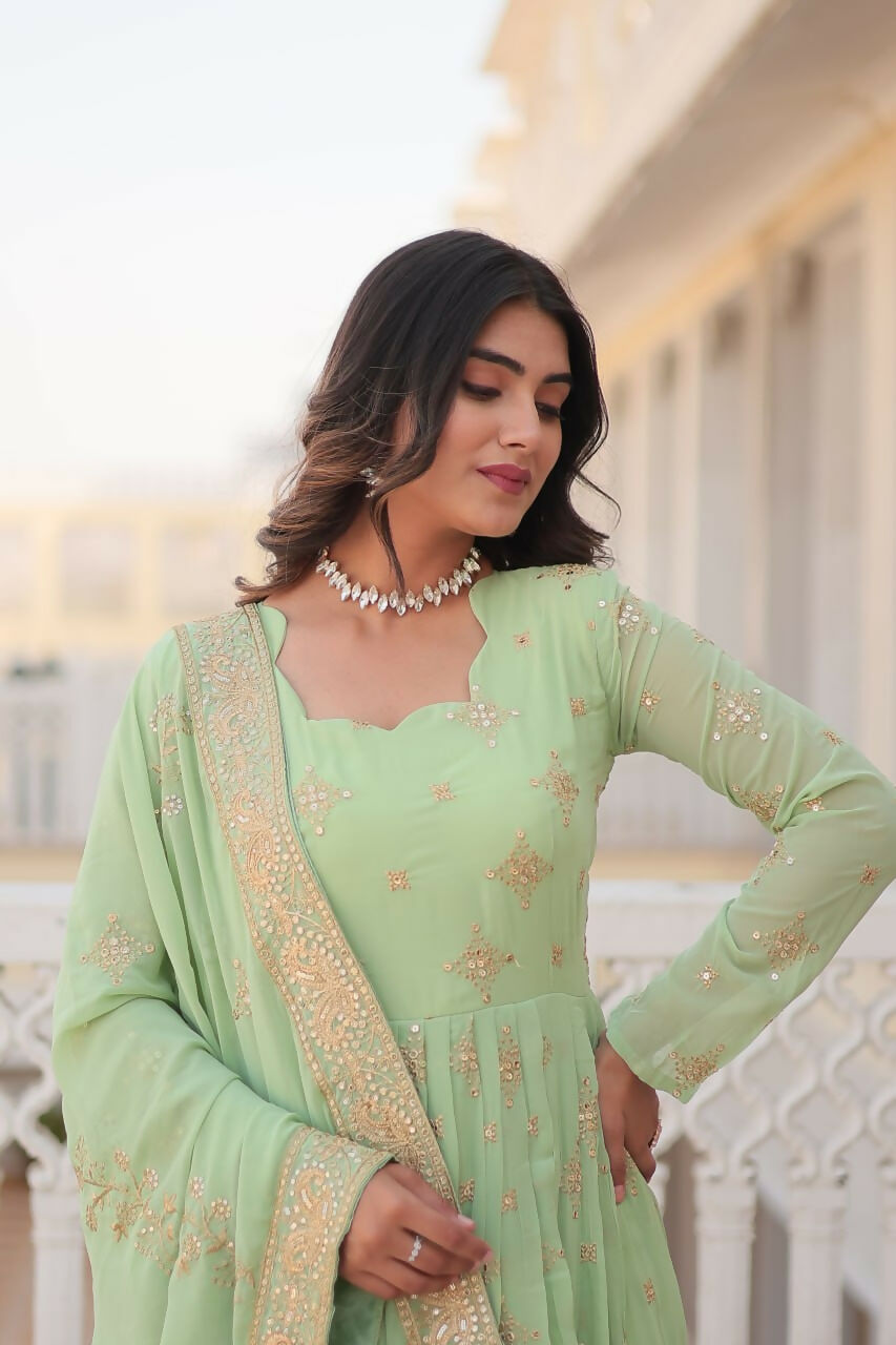 Vastranavya Faux Georgette with Zari & Sequins Embroidery Work Gown with Dupatta - Turquoise