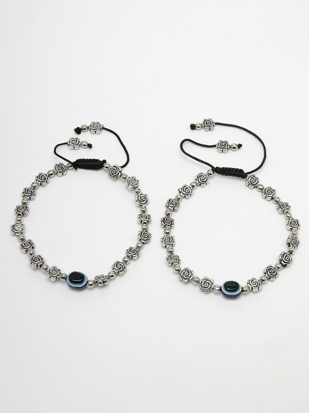 NVR Women's Evil Eye Black Silver Plated Adjustable Anklets