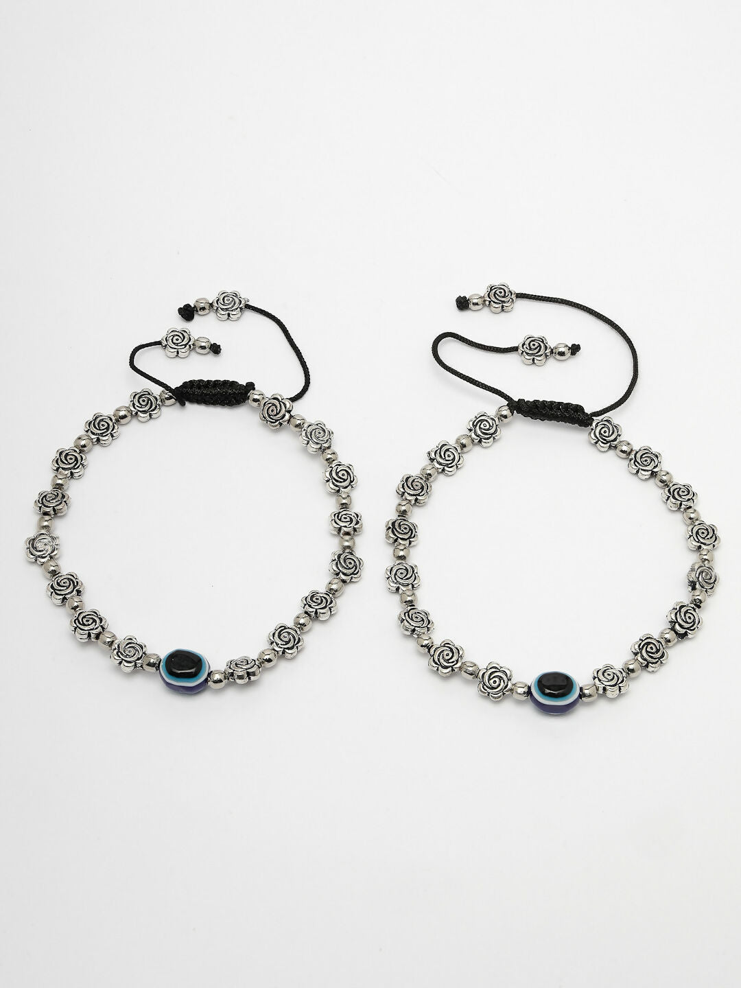 NVR Women's Evil Eye Black Silver Plated Adjustable Anklets