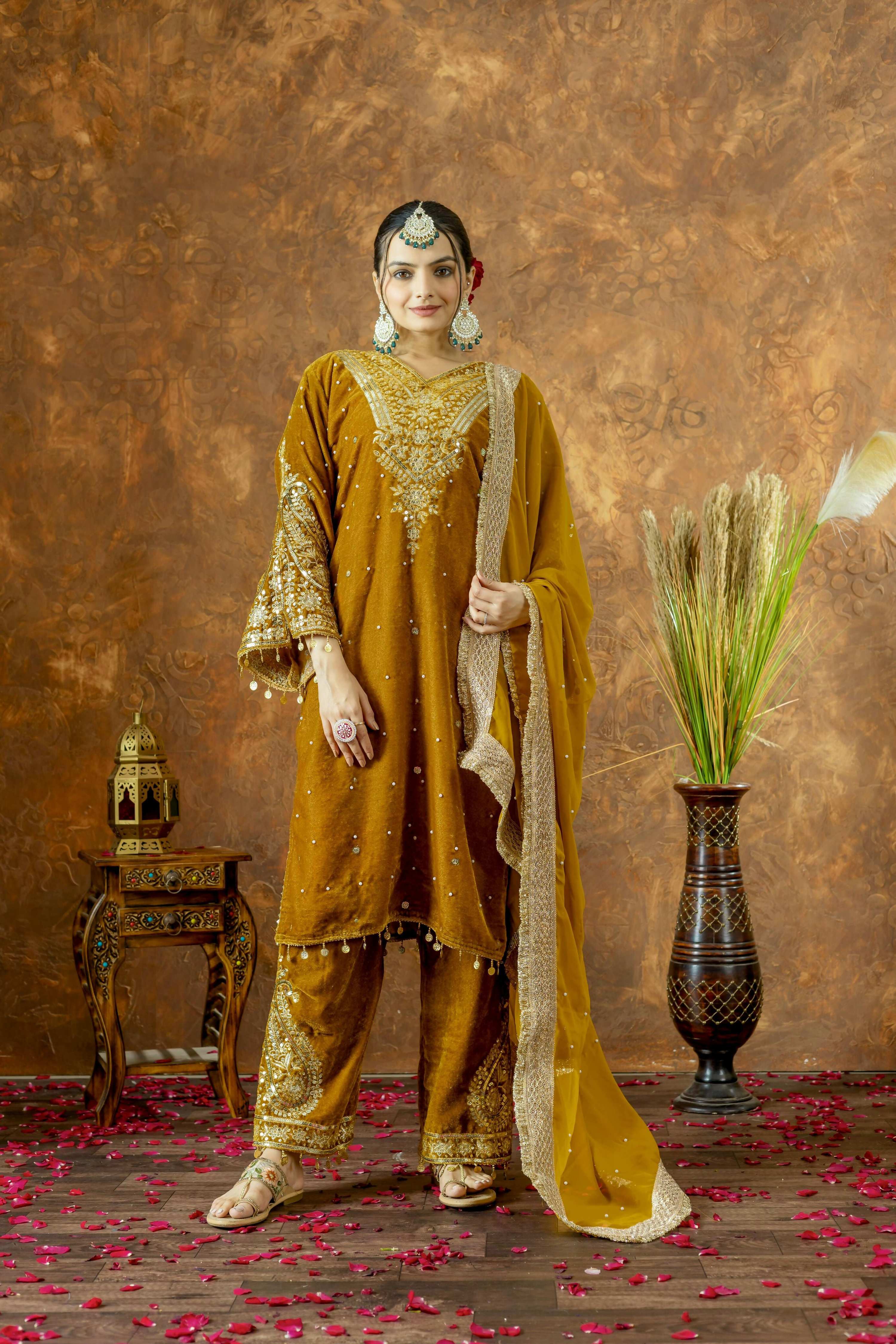 Joban Fashion Mustard Gold Velvet Embroidery Kurta Set