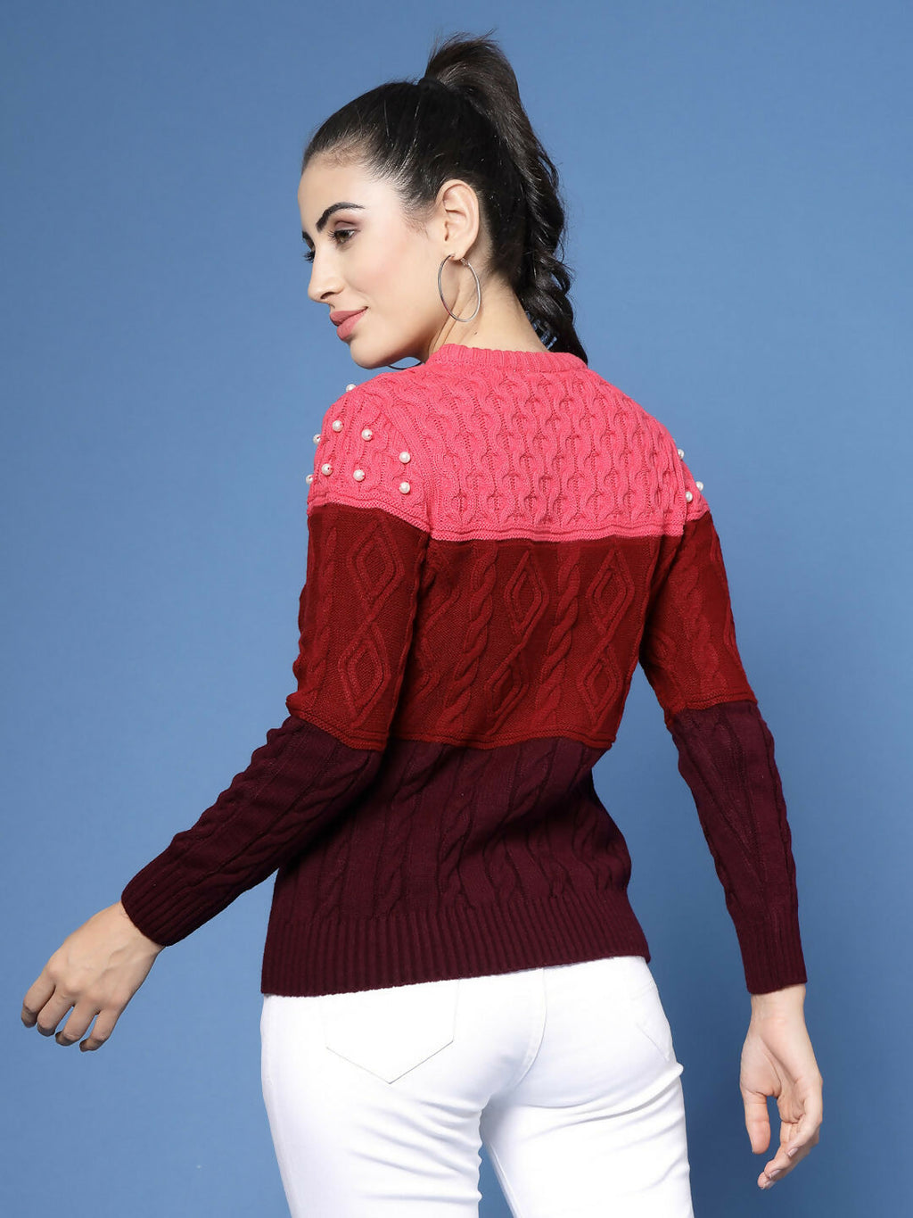 Women Color Block Marron Acrylic Winter Sweater - Wool Trees