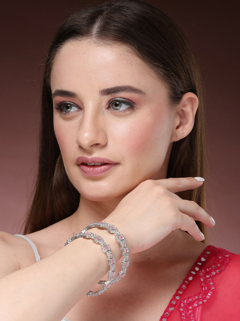 NVR Women's Set of 2 Silver-Plated Pink AD-Studded Bangles