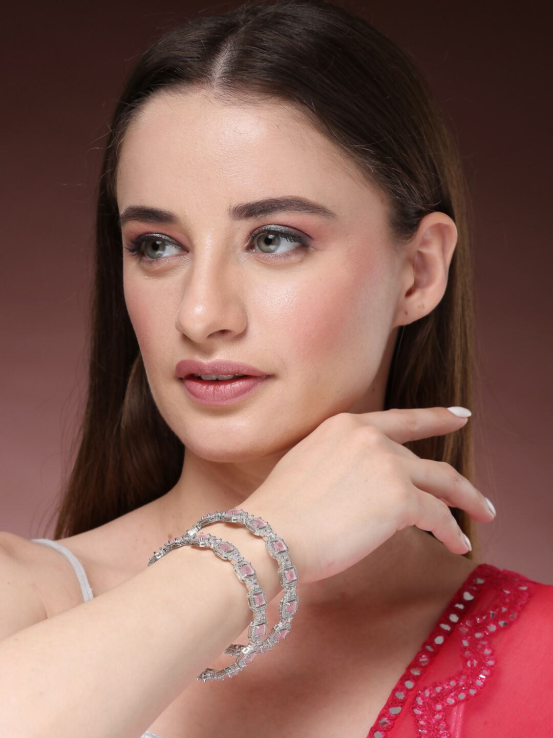 NVR Women's Set of 2 Silver-Plated Pink AD-Studded Bangles