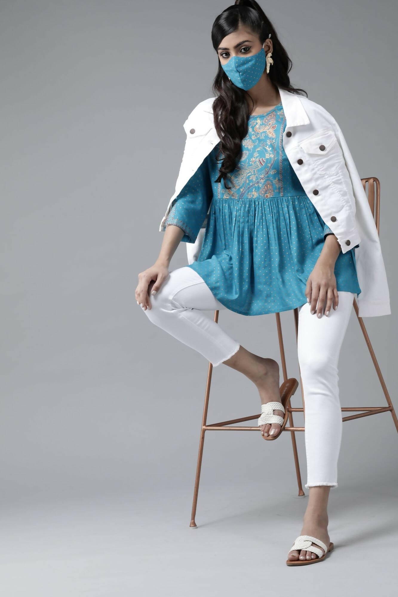 Juniper Women Skyblue Rayon Slub Polka Print Peplum Tunic