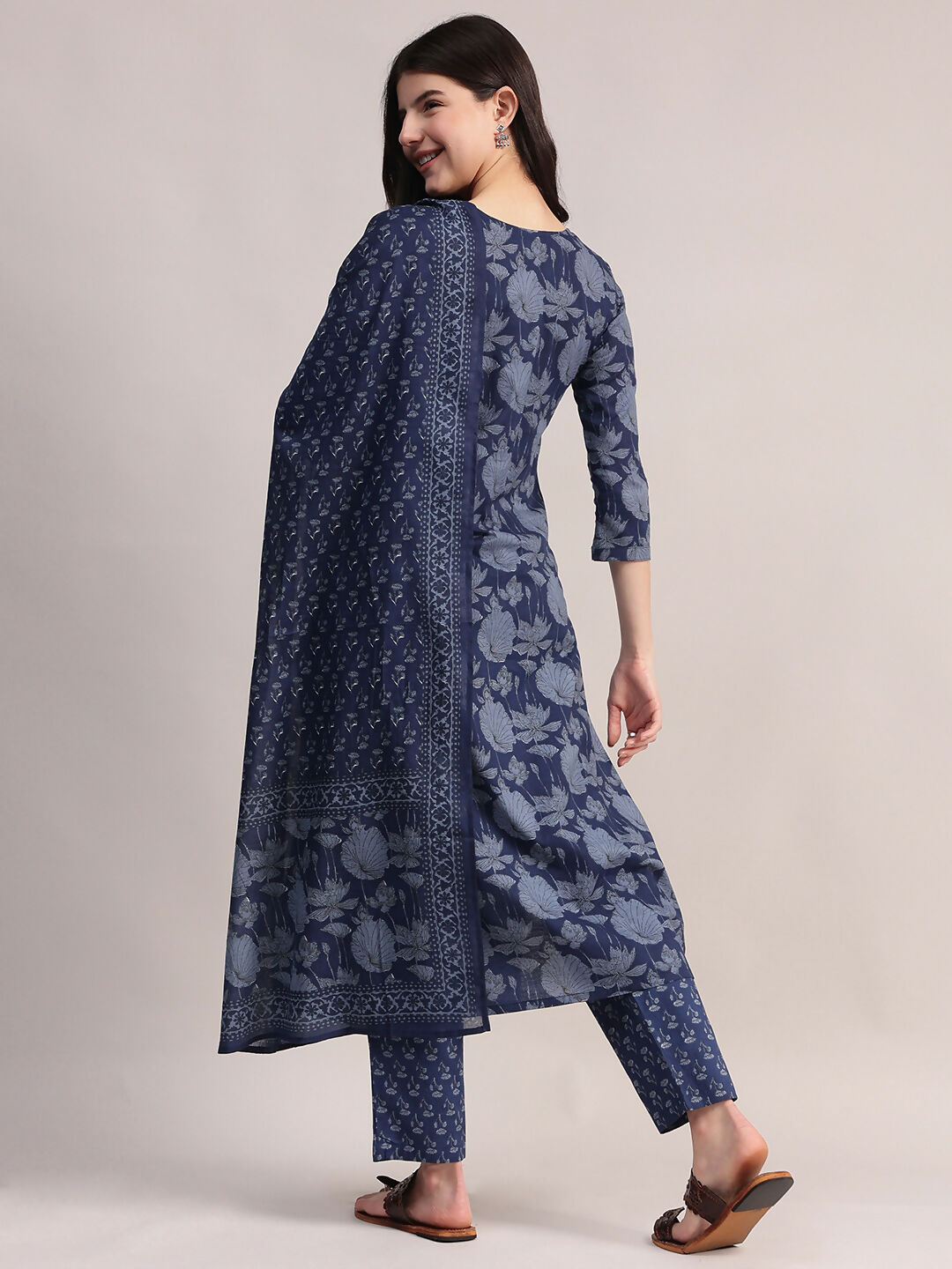 Aavyora Women's Floral Printed Indigo Blue Cotton Straight Kurta With Trouser & Dupatta