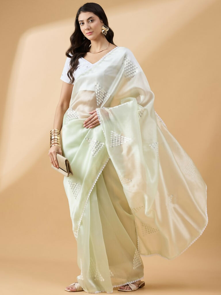 Green Tissue Slub Embroidered Saree with Unstitched Blouse - Vairagi