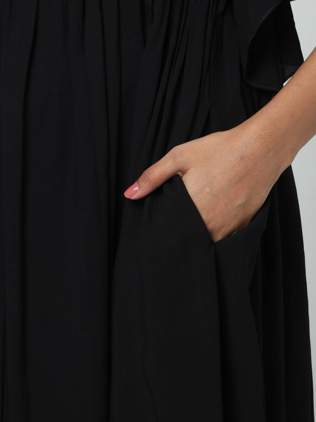 Manet Maternity Frill Slevee Solid Dress With Concealed Zipper Nursing Access - Black