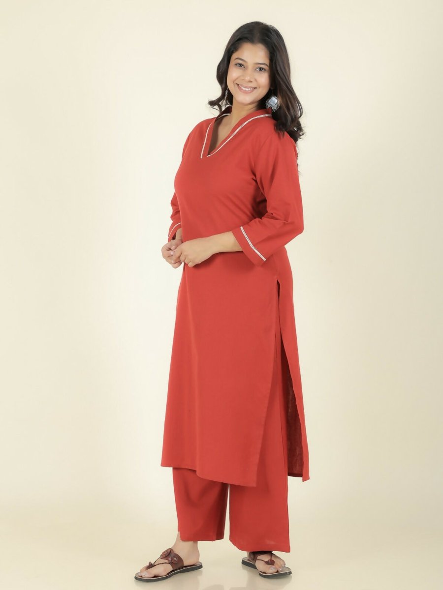 Aramya Red Linen Cotton Solid Straight Kurta for Women