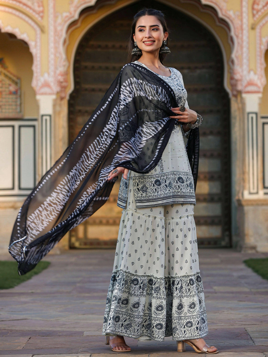 Juniper Women's Off White Rayon Floral Placement Kurta With Sharara And Dupatta Set