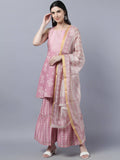 Myshka Women Peach-Coloured White Floral Printed Kurta with Sharara With Dupatta Set