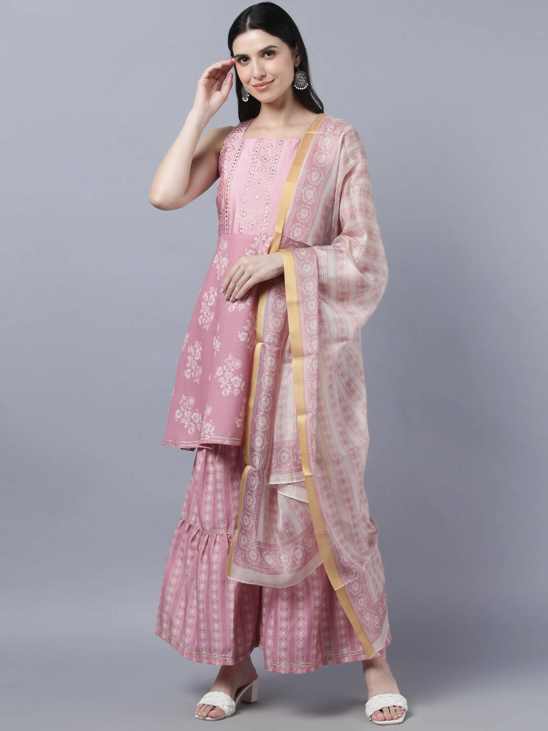Myshka Women Peach-Coloured White Floral Printed Kurta with Sharara With Dupatta Set