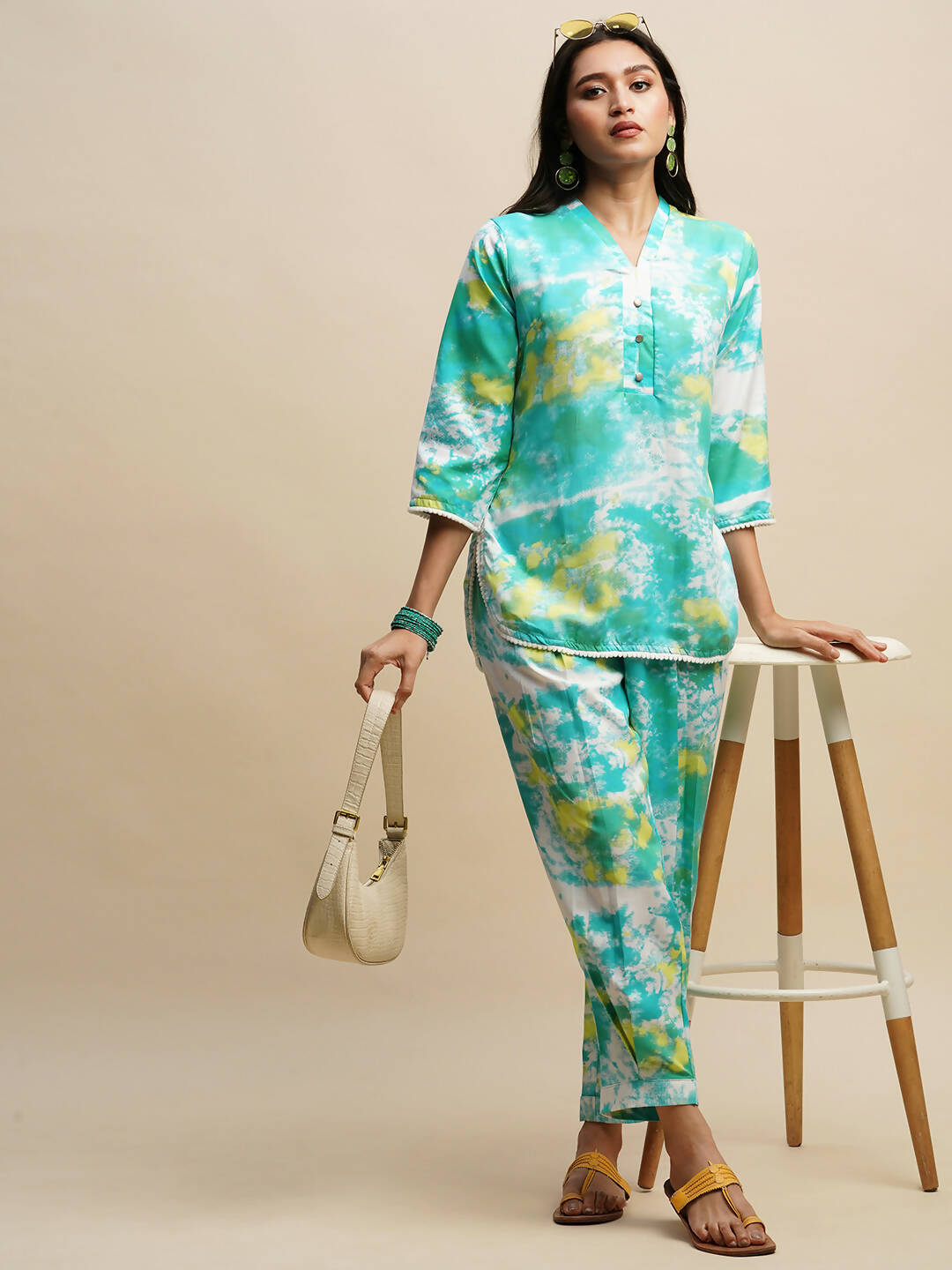 Sky Blue Poly Rayon Tie and dye Printed Top with Matching Trouser - Shivani