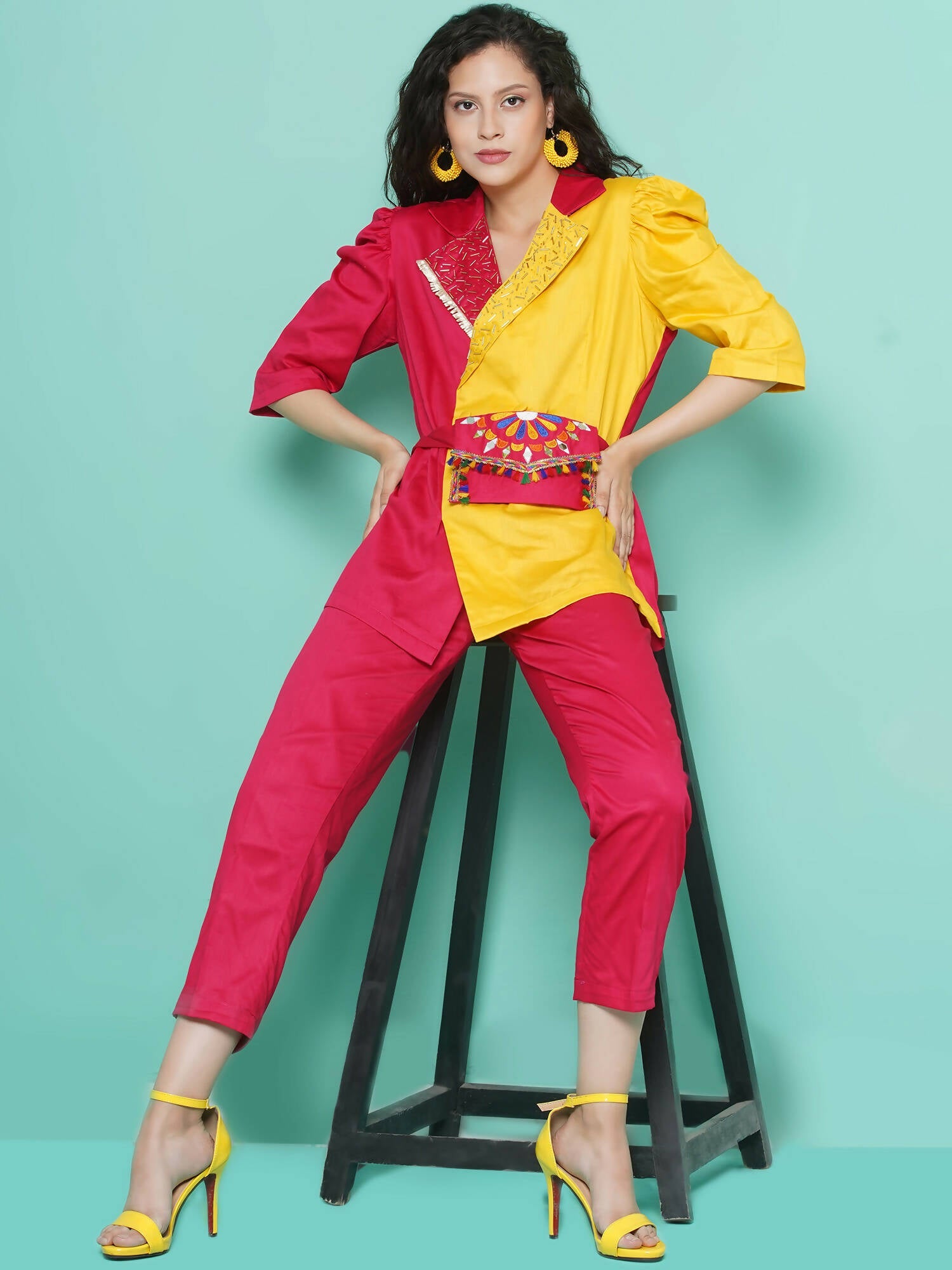 Women Republic Pink And Yellow Cotton Silk hand Embellished Coord set with Pouch