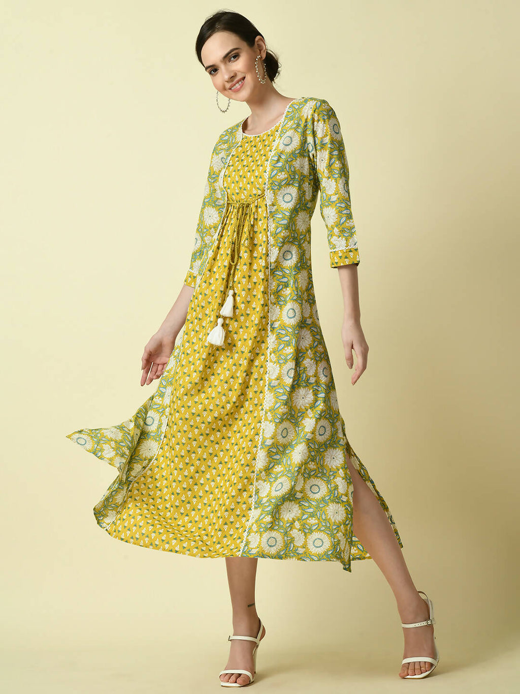 Myshka Women's Yellow Floral Printed Gown Dress