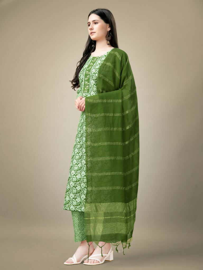 Jyoti Fashion Women's Green Rayon Embroidery & Sequence work Kurta with Trouser & Dupatta