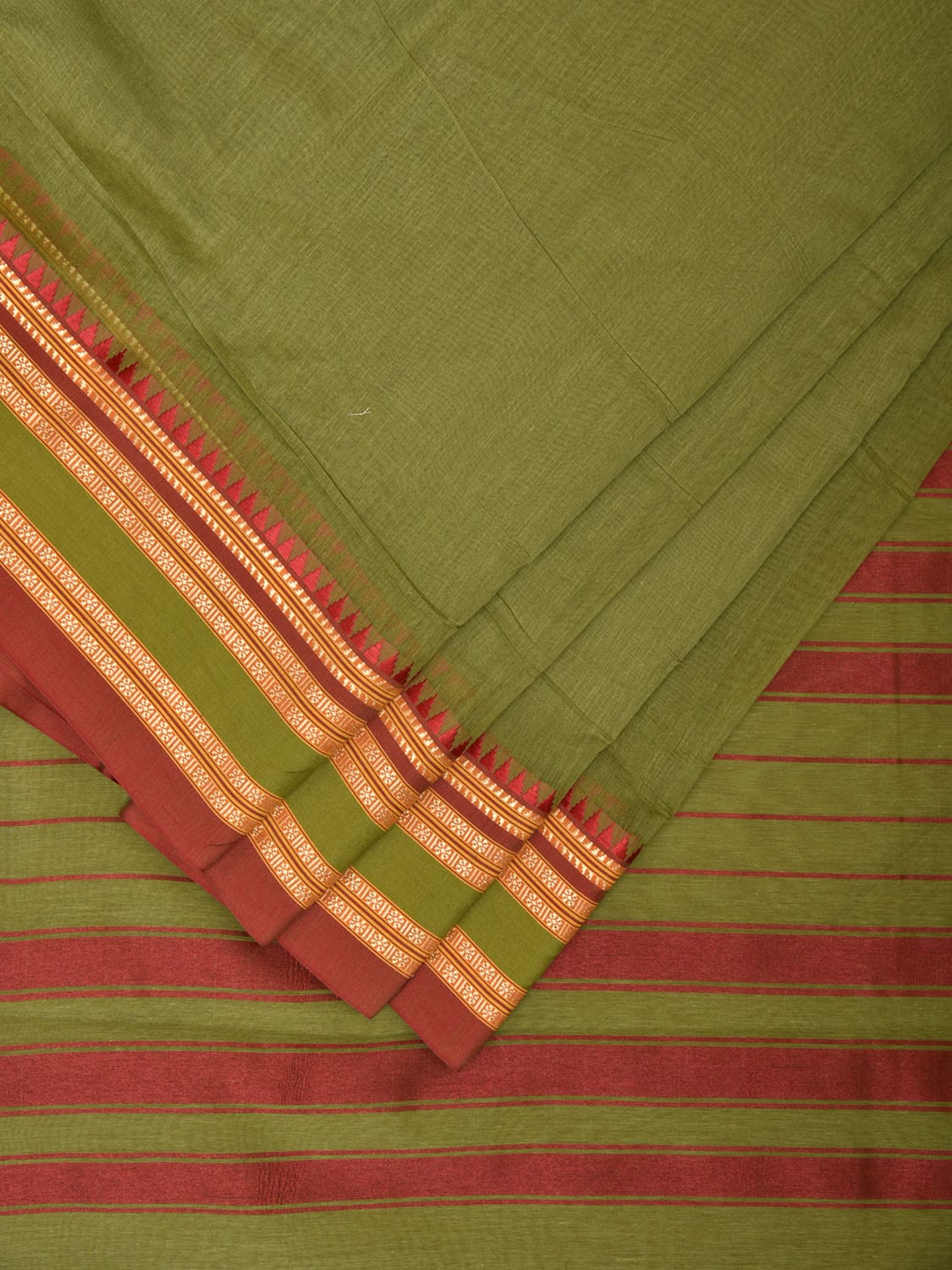 Olive Bamboo Cotton Plain Saree with Temple Border Design - Global Threads