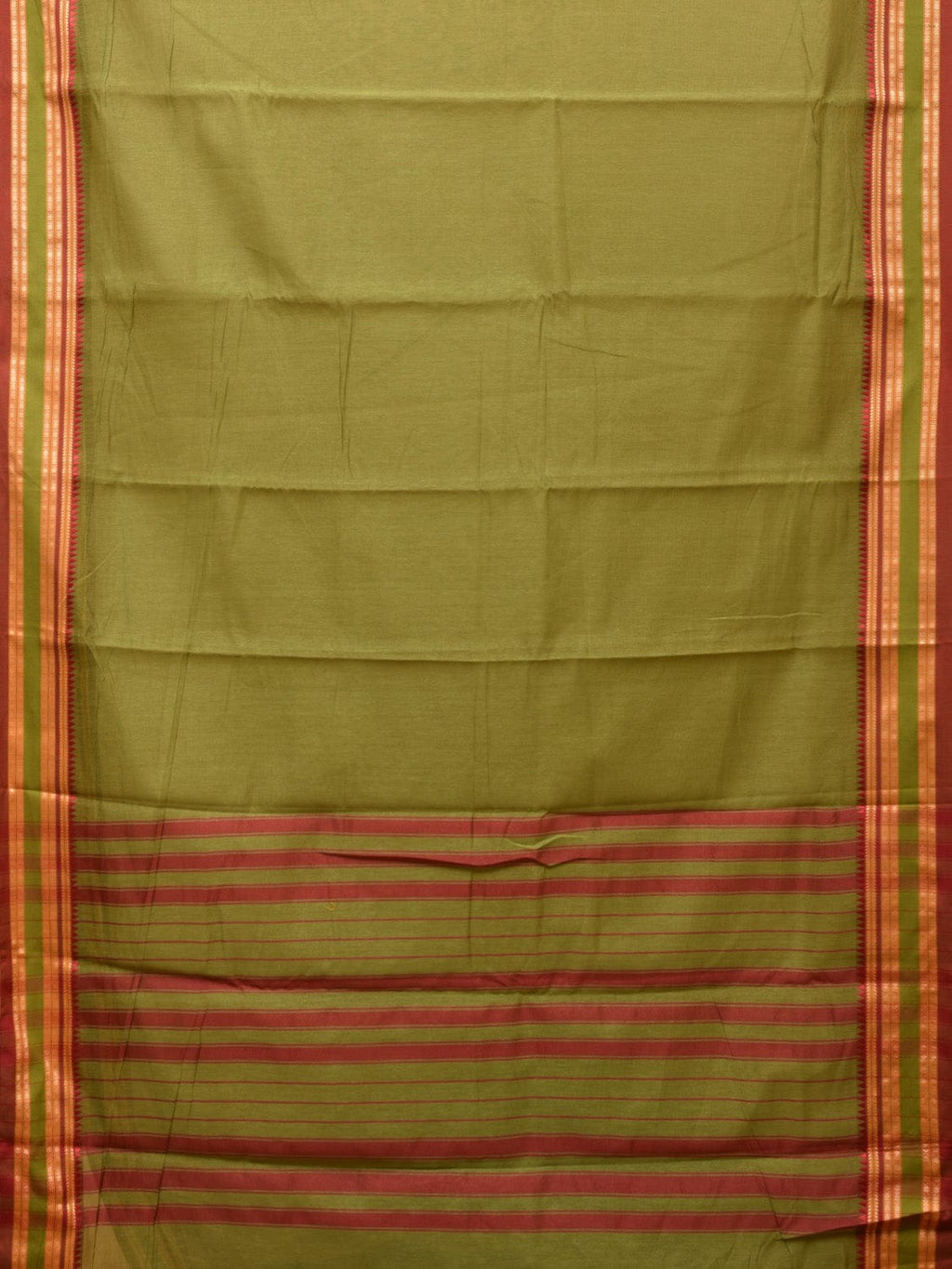 Olive Bamboo Cotton Plain Saree with Temple Border Design - Global Threads