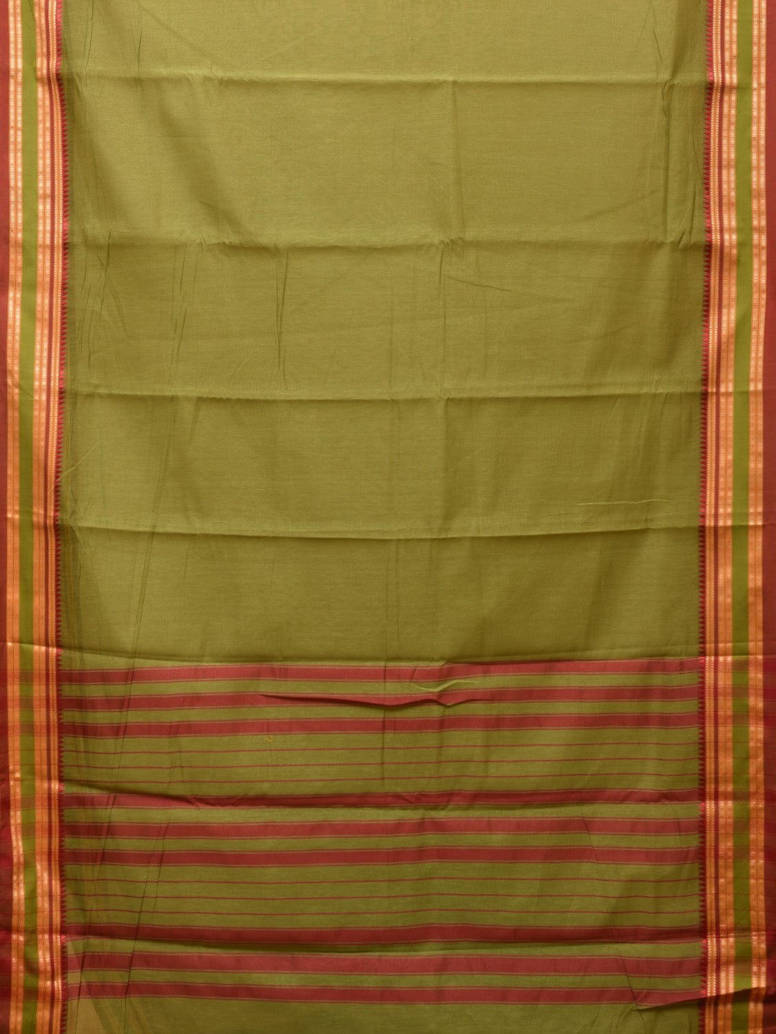 Olive Bamboo Cotton Plain Saree with Temple Border Design - Global Threads