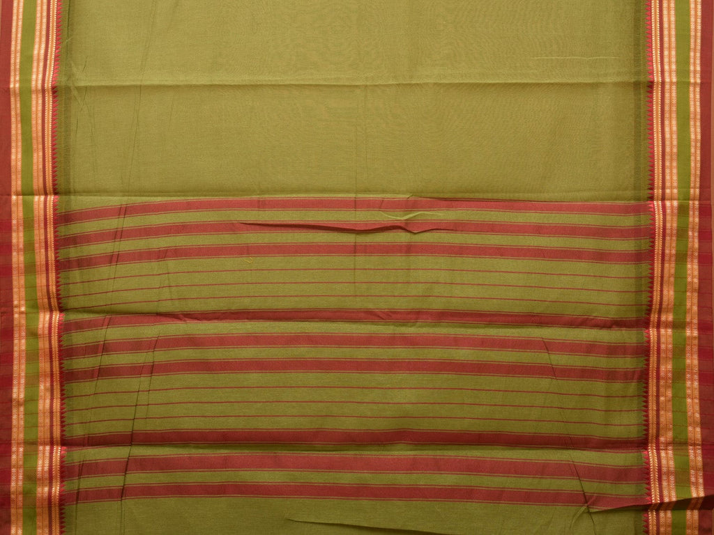 Olive Bamboo Cotton Plain Saree with Temple Border Design - Global Threads