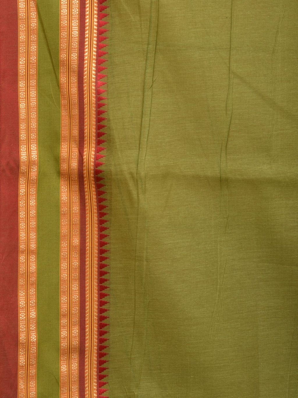 Olive Bamboo Cotton Plain Saree with Temple Border Design - Global Threads