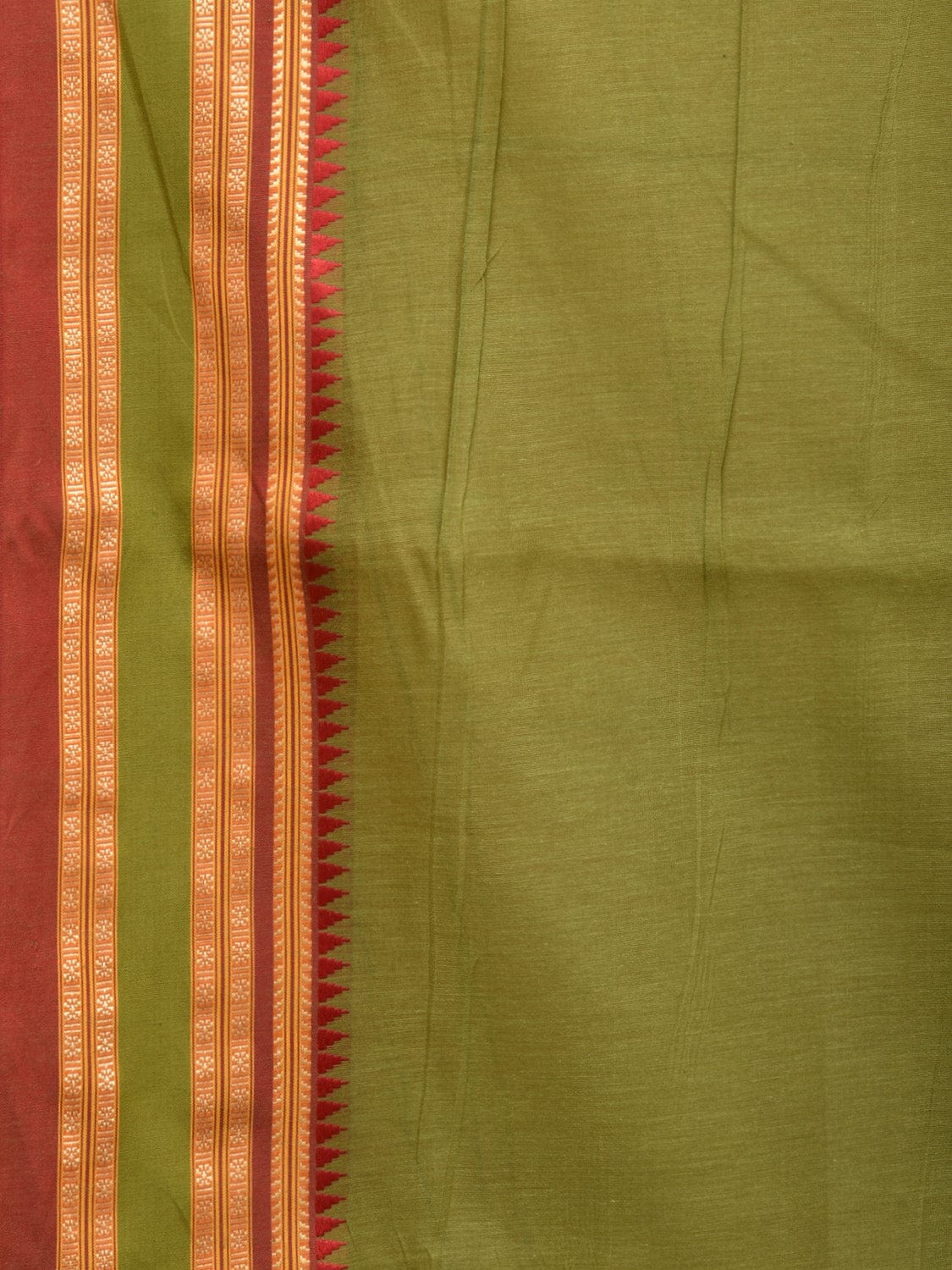 Olive Bamboo Cotton Plain Saree with Temple Border Design - Global Threads