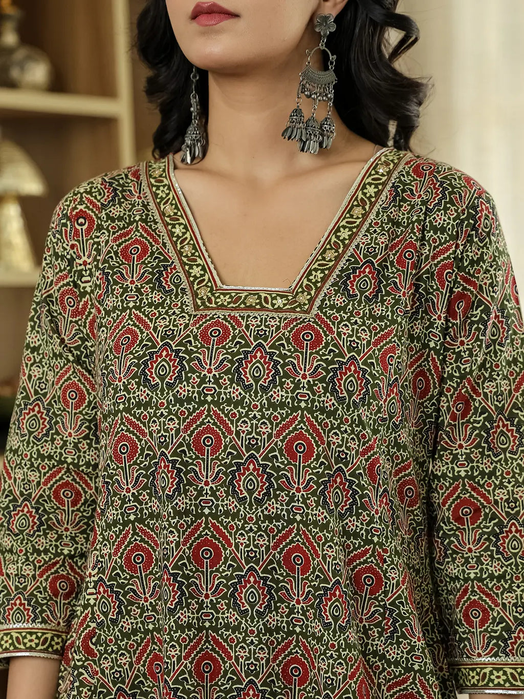 Yufta Olive Green Ethnic Motifs A-Line Kurta Trouser Dupatta Set With Bucket Neck