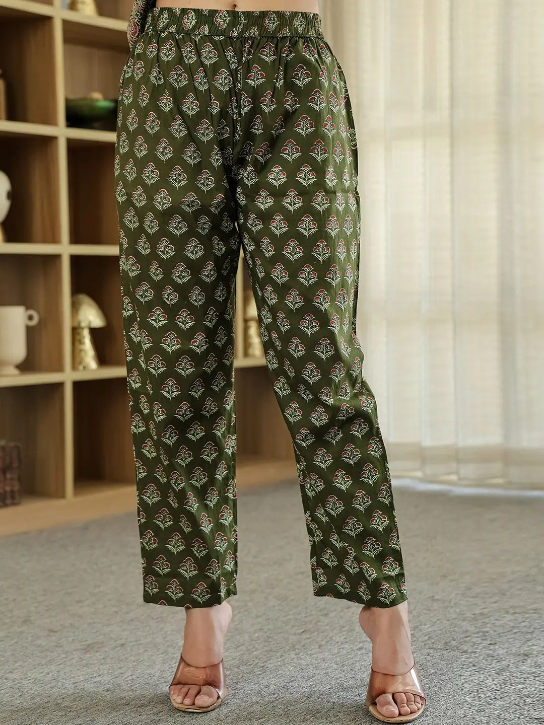 Yufta Olive Green Ethnic Motifs A-Line Kurta Trouser Dupatta Set With Bucket Neck