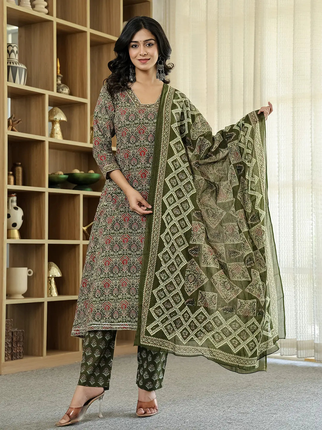 Yufta Olive Green Ethnic Motifs A-Line Kurta Trouser Dupatta Set With Bucket Neck